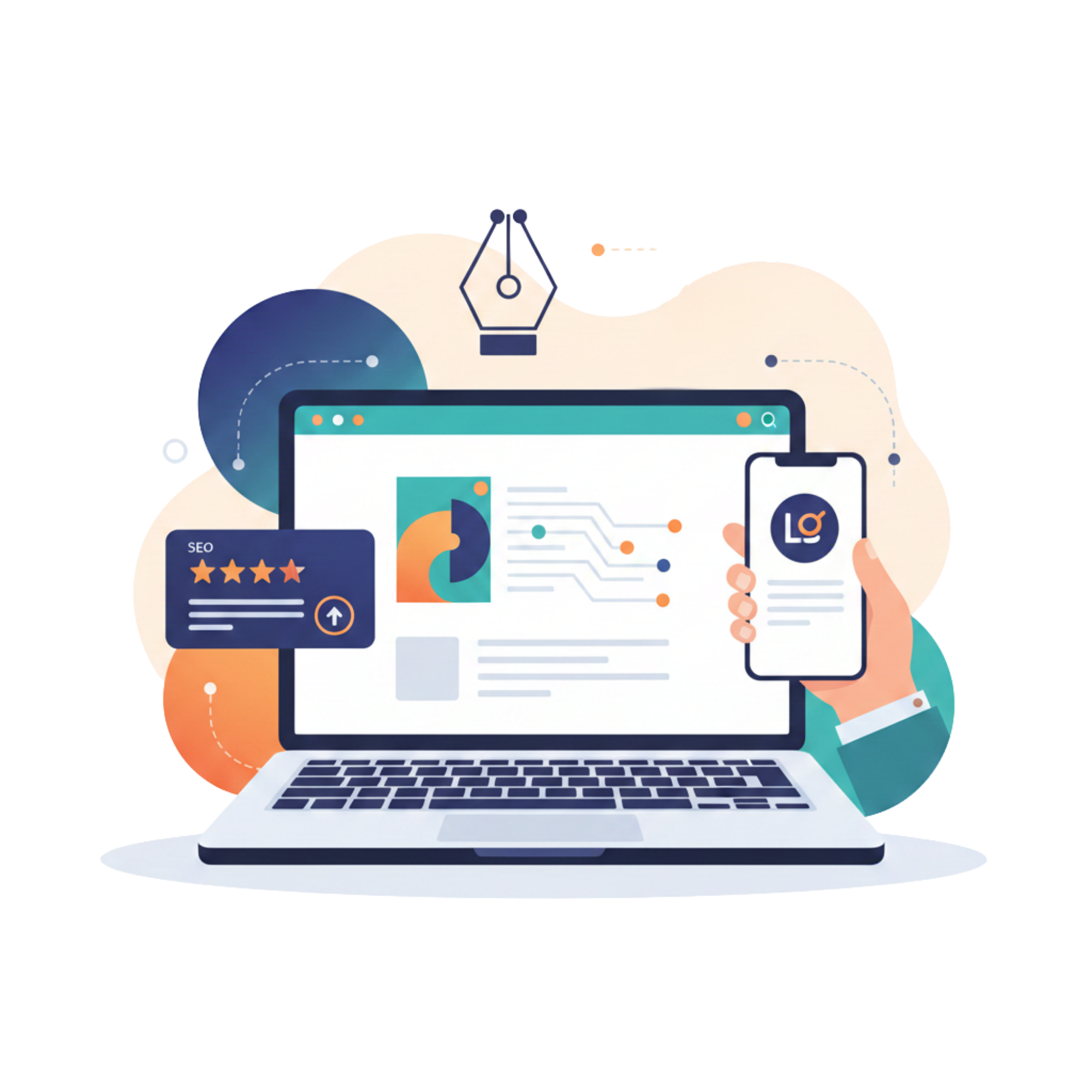 Illustration d'un écosystème digital: site, SEO local et pilotage de la performance.